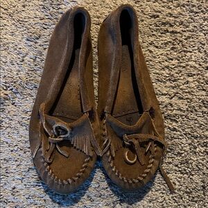 Minnetonka Brown Suede Moccasins with Fringe